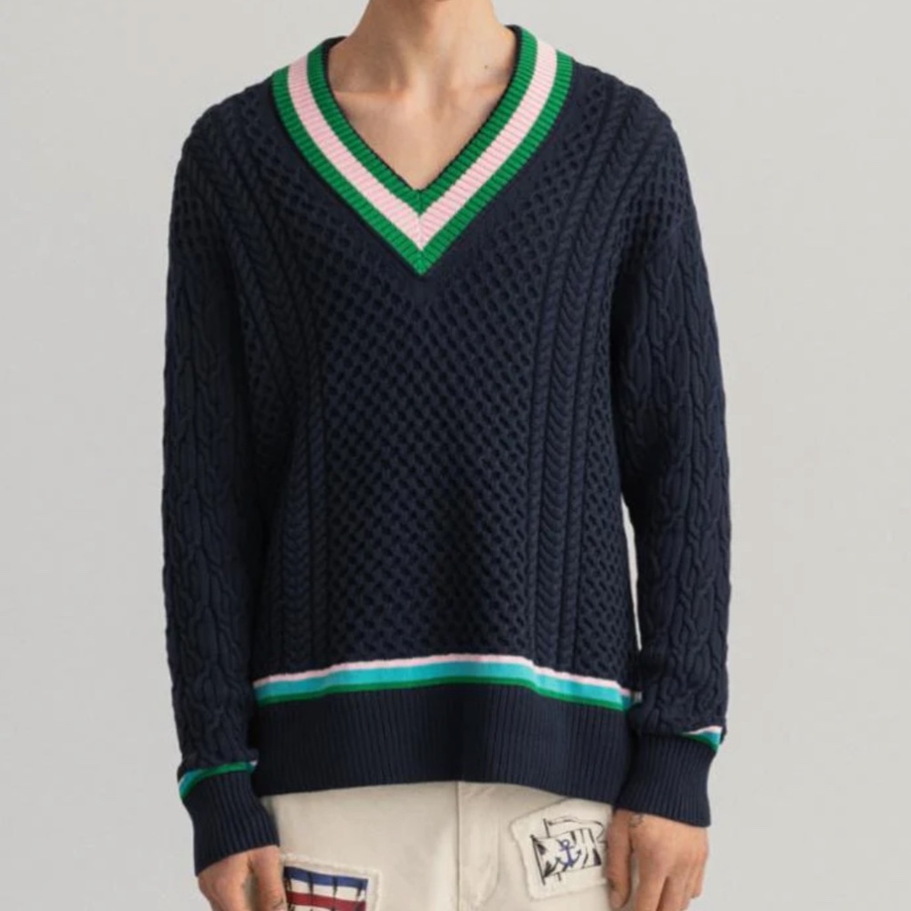 GANT Cable Cricket V-Neck knitted sweater in evening blue